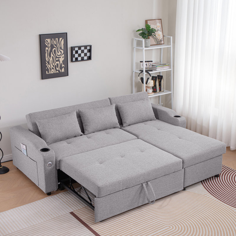 3 lits réglables avec ports, porte-gobelets et chaise de rangement, canapé en lin moderne pour le salon
