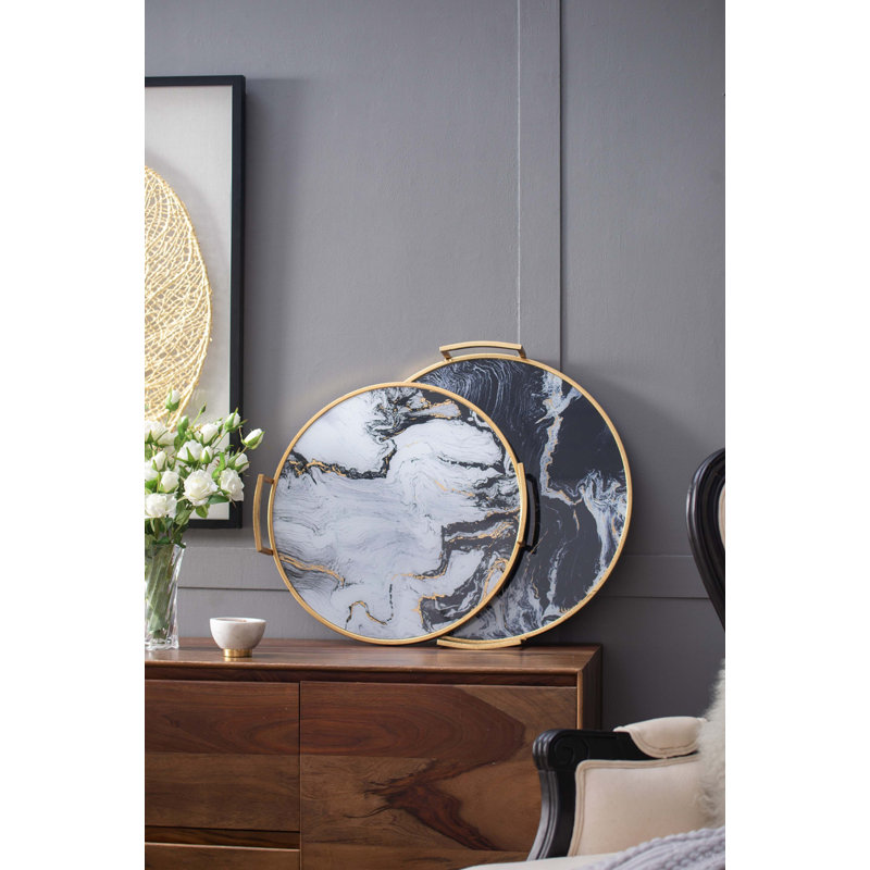 S/2 Round Decorative Tray With Abstract Marbled Design