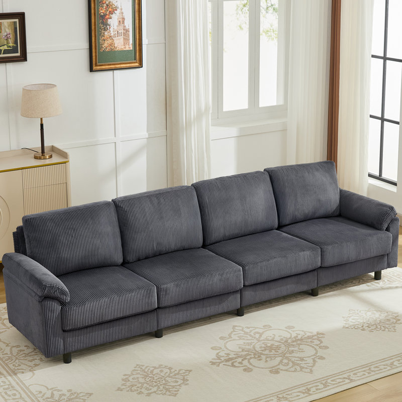Canapé modulaire en velours côtelé 4 places avec rangement caché et repose-pieds amovible, Gris