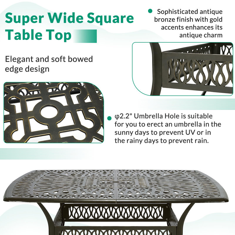 Large Dark Bronze Cast Aluminum Square Patio Dining Table with Umbrella Hole