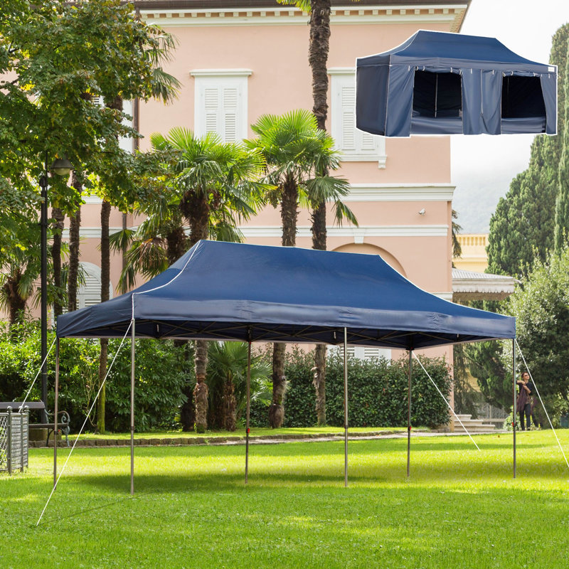 Auvent escamotable de 10 pi x 20 pi avec parois latérales et portes, tentes instantanées pour fêtes avec sac de transport à roulettes, hauteur réglable (auvent)