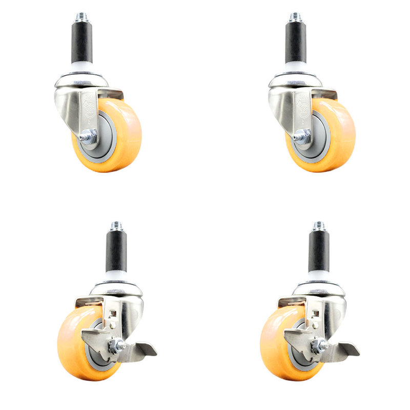 Ensemble de roulettes extensibles en polyéthylène pivotant 3 pouces 1 1/8 po à 3 freins 316SS, Jaune