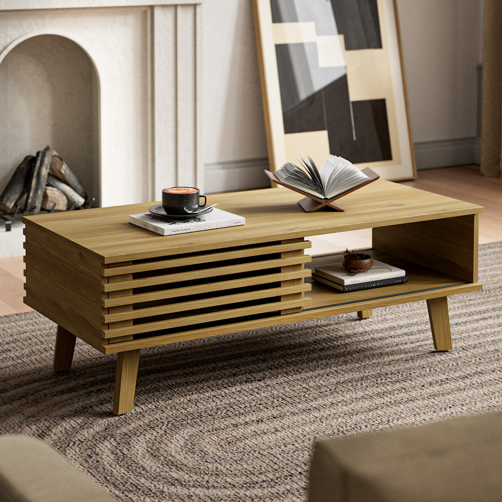 George Oliver Enely Mid Century Modern Coffee Table for Living Room, 47.2 '' Table with slatted Door, Walnut & Reviews | Wayfair