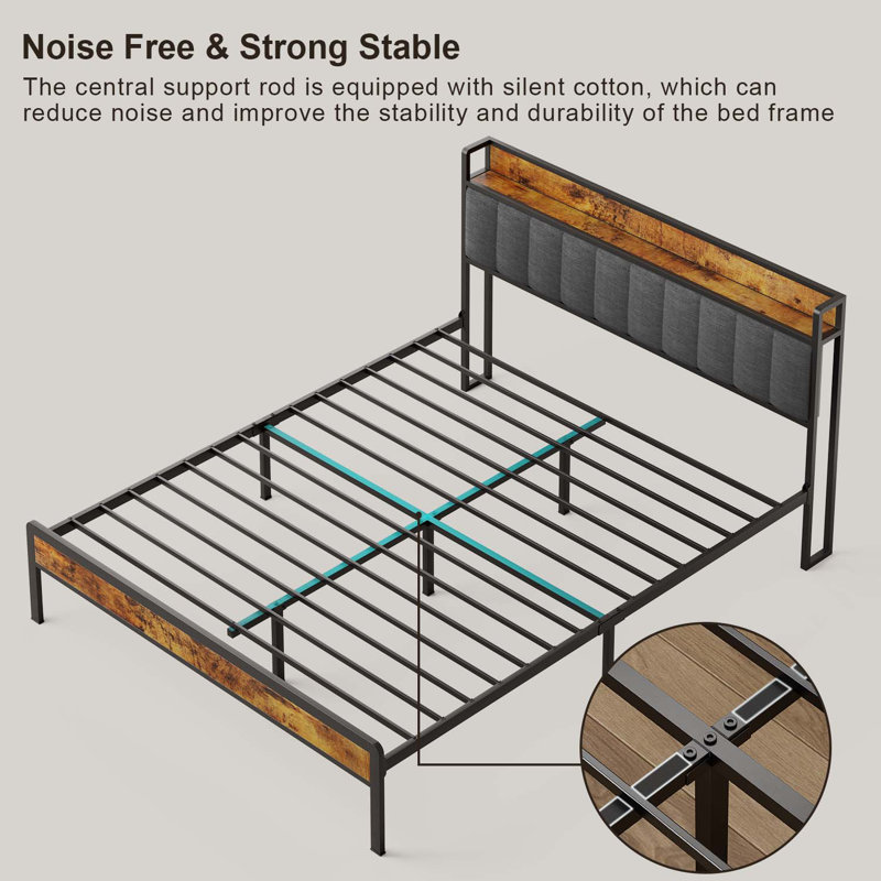 Aiho Queen Dark Gray Metal Bed Frame with Storage Headboard