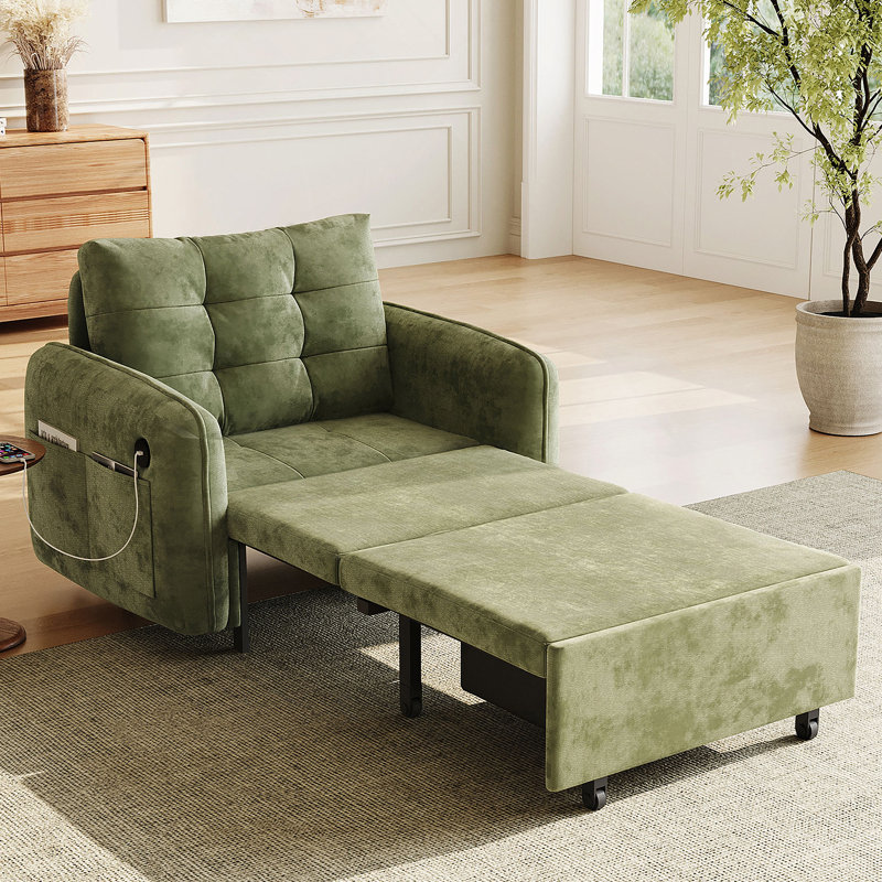 Canapé-lit 3 en 1, méridienne escamotable extra longue de 80 po avec charge USB, poches de rangement et boîte, conception capitonnée, canapé-lit simple en chenille multifonctionnel pour le salon et l’appartement