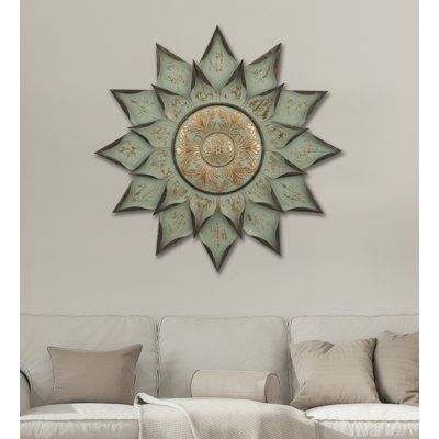 34 Inch Sun Metal Outdoor Wall Decor with Multi Color Weather Resistant Finish for Indoor and Outdoor Home Accent - Medallion Sage
