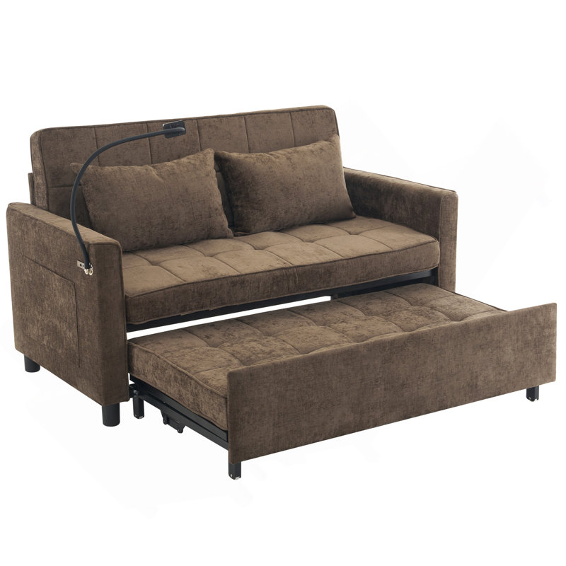 56.9" Loveseat Sofa Pull-Out Sofa Bed Sleeper Sofa With A Reversible Backrest Cushion, Side Pockets, Two USB Ports And A Phone Holder For Living Room, Brown