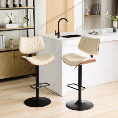 Tabourets de bar pivotants beiges à 360 °, dossier et siège en noyer, hauteur réglable, construction, pour cuisine / salle à manger / café, de 2 chaises, fonction, revêtement en similicuir, salle à manger / cuisine / café