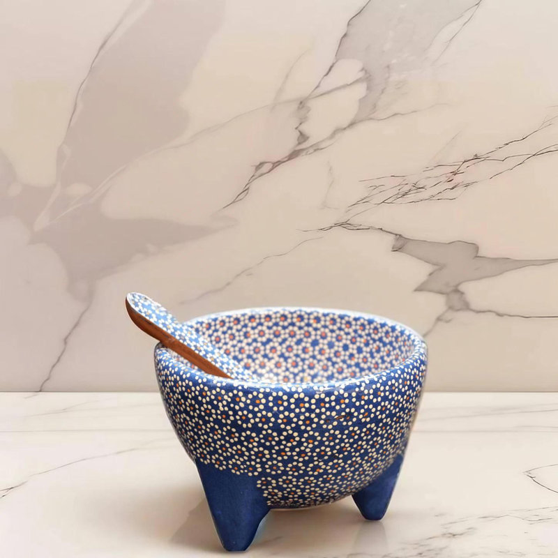 Bol en salsa en céramique 6 oz avec cuillère, Blanc / Bleu / Rouge, 6"