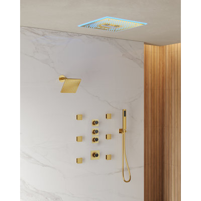 16" LED Thermostatic Shower System with Bluetooth Music, 6" Rainfall Shower faucet with Handheld  Shower