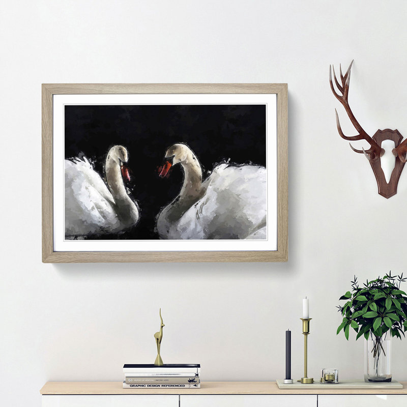 A Pair of White Swans in Abstract - Picture Frame Painting Print, 36cm H x 48cm W x 2cm D, Oak Framed
