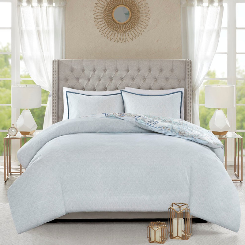 Literie en coton double / grand avec housse de couette réversible à motif bicolore et médaillon