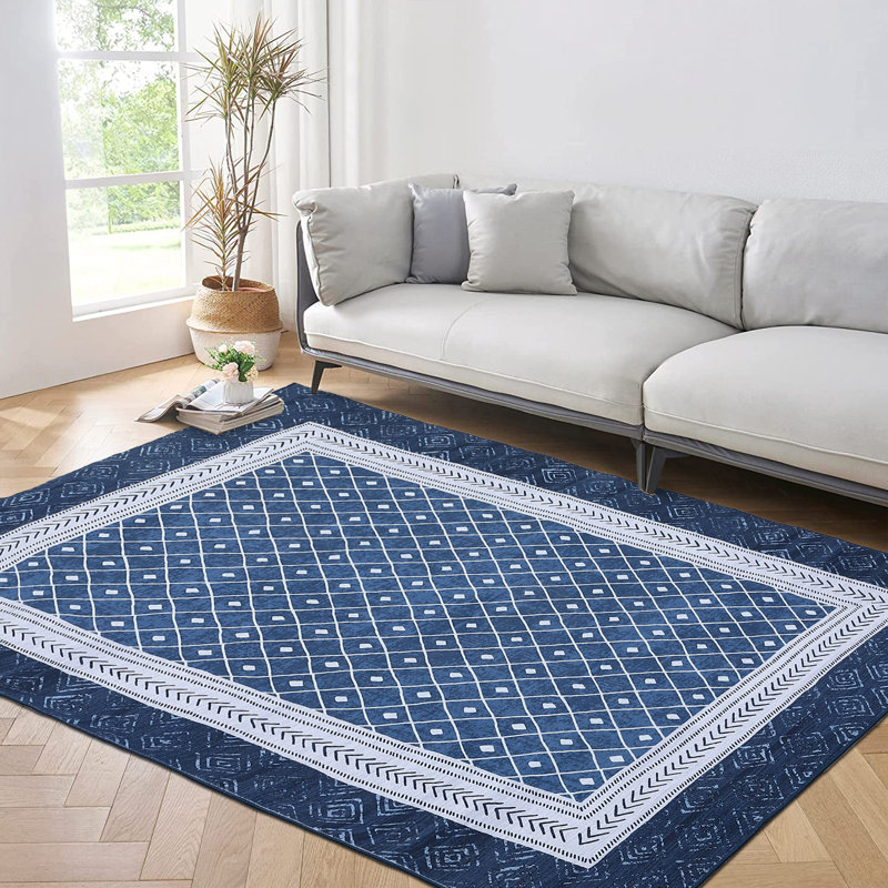 Area RugModern Bordered Accent Rug for BedroomWashable Living Room RugHome Decor CarpetNon Shedding Kitchen Rug, Blue