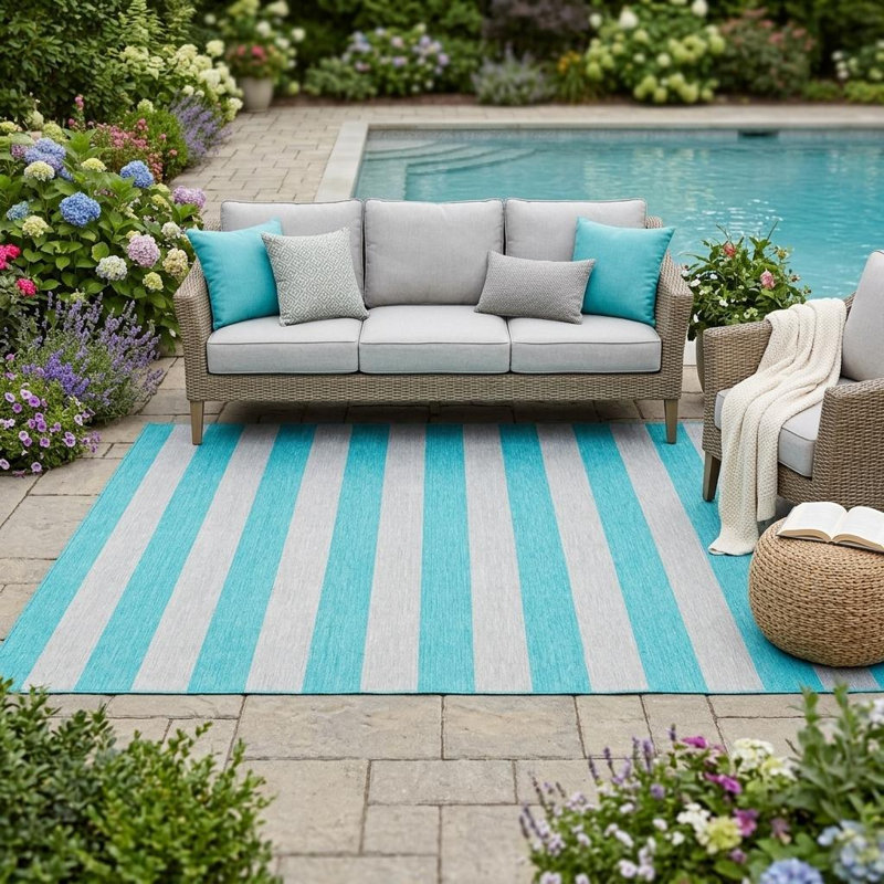 Tapis extérieur lavable antidérapant à rayures turquoise 5 pi x 8 pi