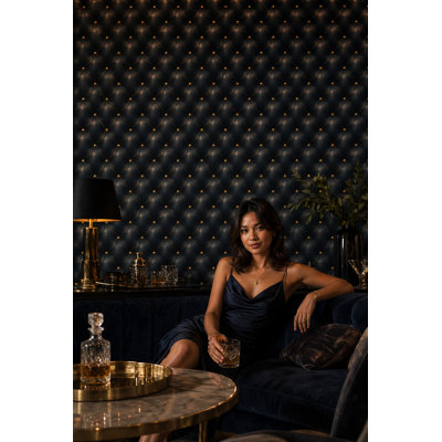 Tufted Leather Wallpaper Diamond Quilted Gold Buttons Wall Mural