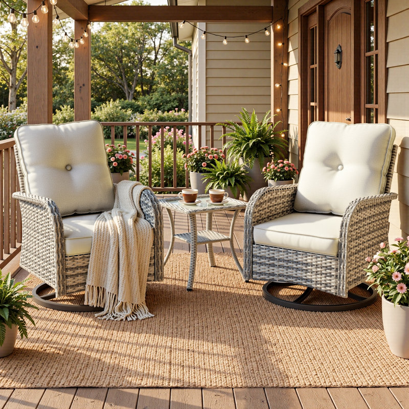 2-Person Patio Conversation Set With Rocking Swivel Chairs And Tempered-Glass Table, Beige