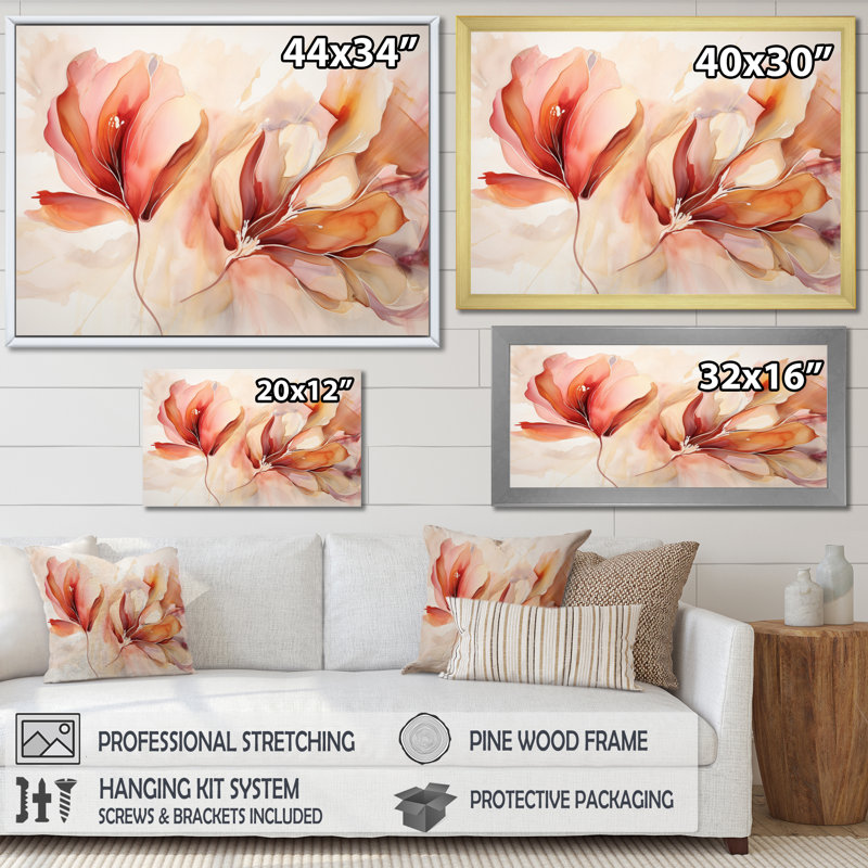 «Peach Petal Dance - Abstract Botanicals», art mural, H 30 po x l 40 po x P 1,5 po, Cadre flottant blanc