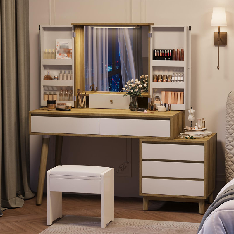 Makeup Vanity Dressing Table With Open Shelves & Large Mirror & 6 Storage Drawers