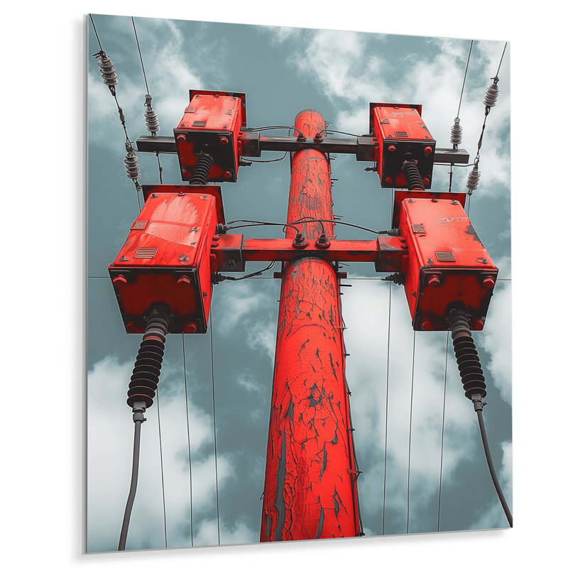 Red Black Urban Electric Power Lines I - impression d'art mural lignes électriques, Métal métal, H 40 po x l 30 po x P 1,5 po