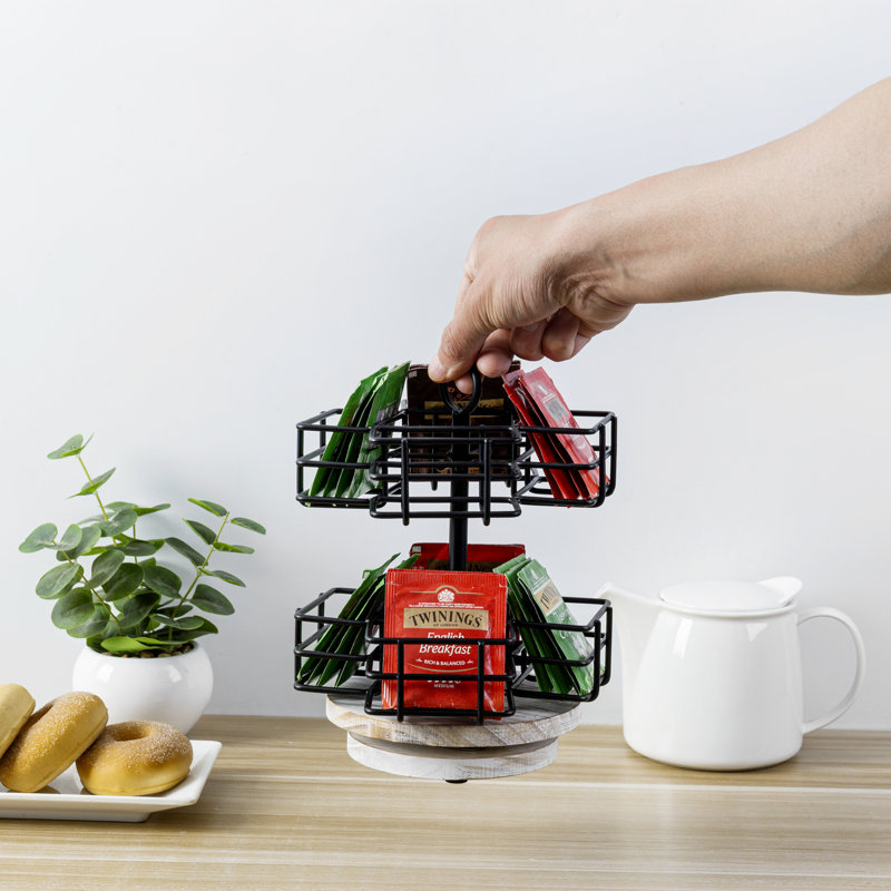 Black Rotating Tabletop Tea Storage With Wood Base