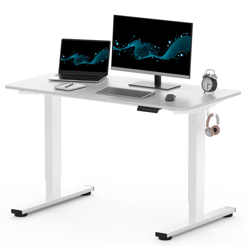 Ergonomic Home Office Height Adjustable Standing Desk Whole-Piece Desktop with Hooks, 46.5" H x 47.3" W x 23.6" D, White