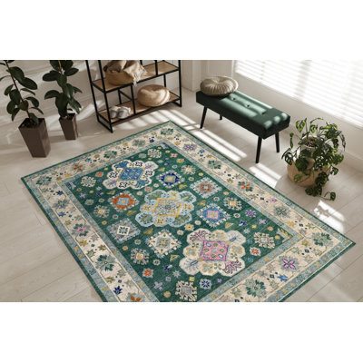 Eves Green Hand Knotted Wool D.Green / Beige Traditional Classic Area Rug
