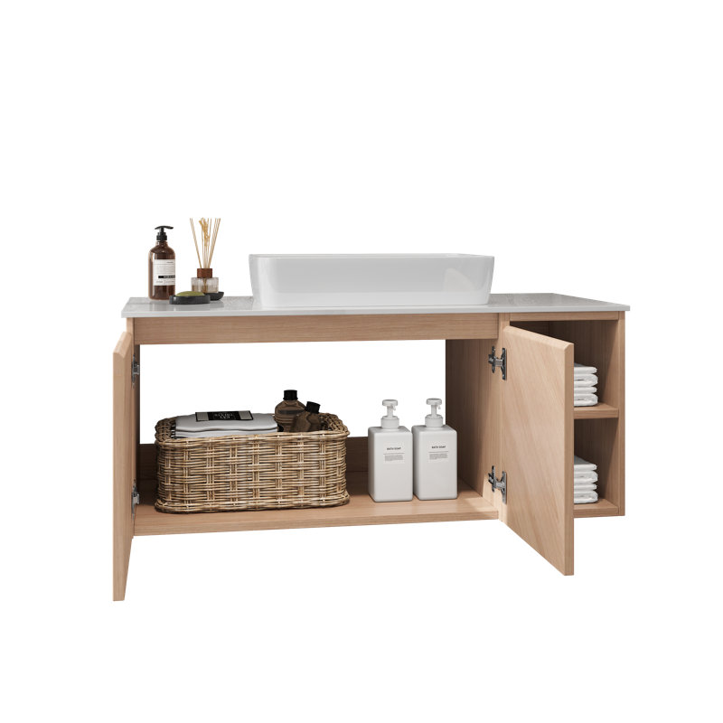 Meuble-lavabo flottant 36 po, meuble-lavabo mural en chêne doux avec lavabo vasque en céramique blanche, tablettes latérales ouvertes et rangement dissimulé, meuble de salle de bain suspendu moderne