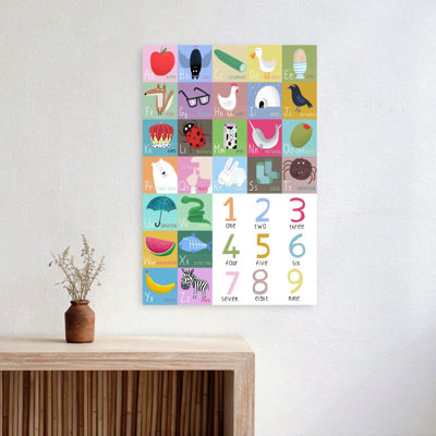Cute Colorful Alphabet And Counting Illustration Abstract Contemporary Bat Bird Fish Forest Landscape Wall Art Print by Carla Daly - Print