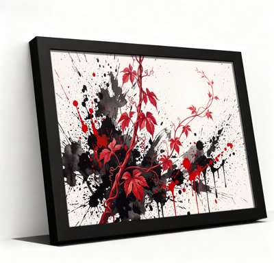 Tableau sur toile avec effet de coulures d'encre noire et rouge représentant des vignes rouges