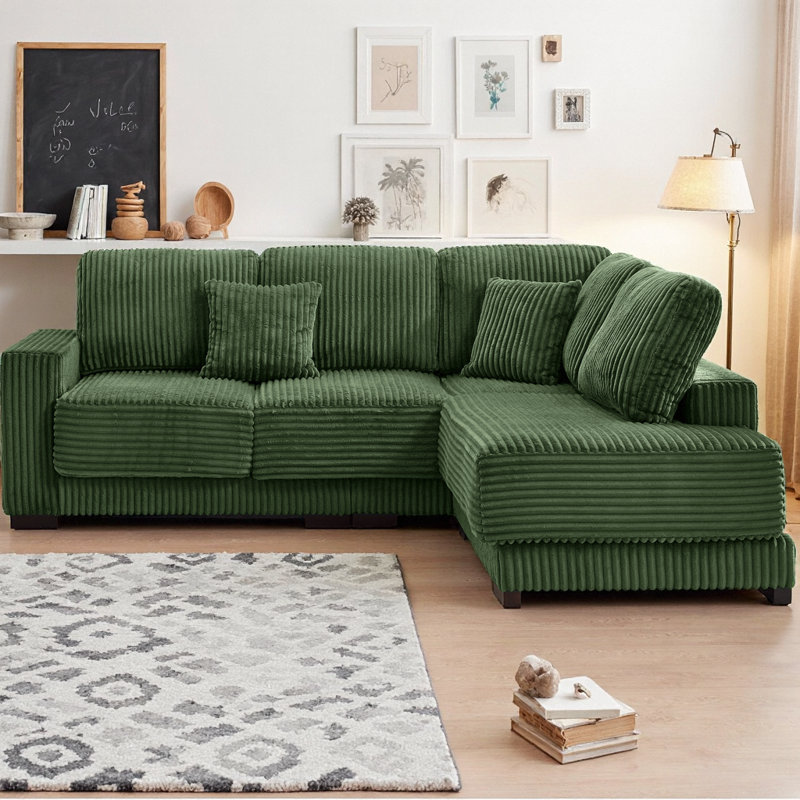 Canapé modulaire en L 93 po avec méridienne réversible, canapé rembourré en velours côtelé doux avec structure en bois massif et coussins à ressorts hélicoïdaux pour le salon et les appartements