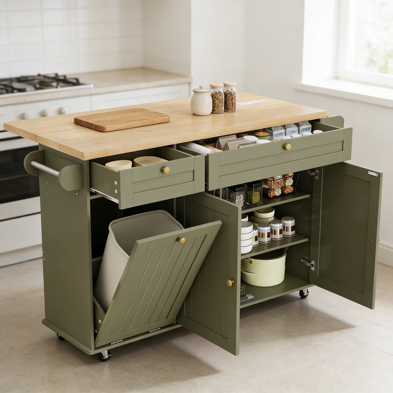 Large Rolling Kitchen Island With Extendable Table, Power Outlets & USB Ports, Mobile Kitchen Cart With Storage Cabinet, Drawers, Spice Rack, Towel And Knife Holder