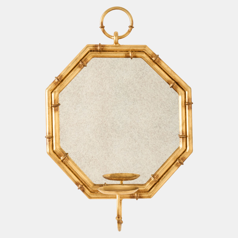 Octagonal Bamboo Mirror W/Candle Holder-Gold Leaf