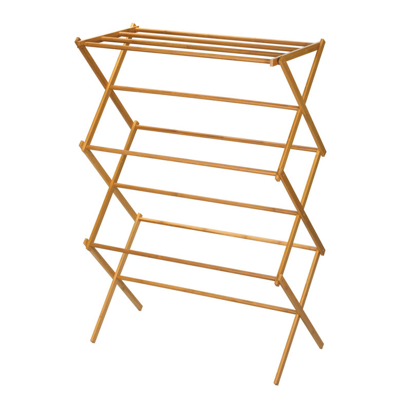 Bamboo Folding Clothes Upscale Laundry Rack with 11 Dowels Stable Frame and Shelf for Flat Drying