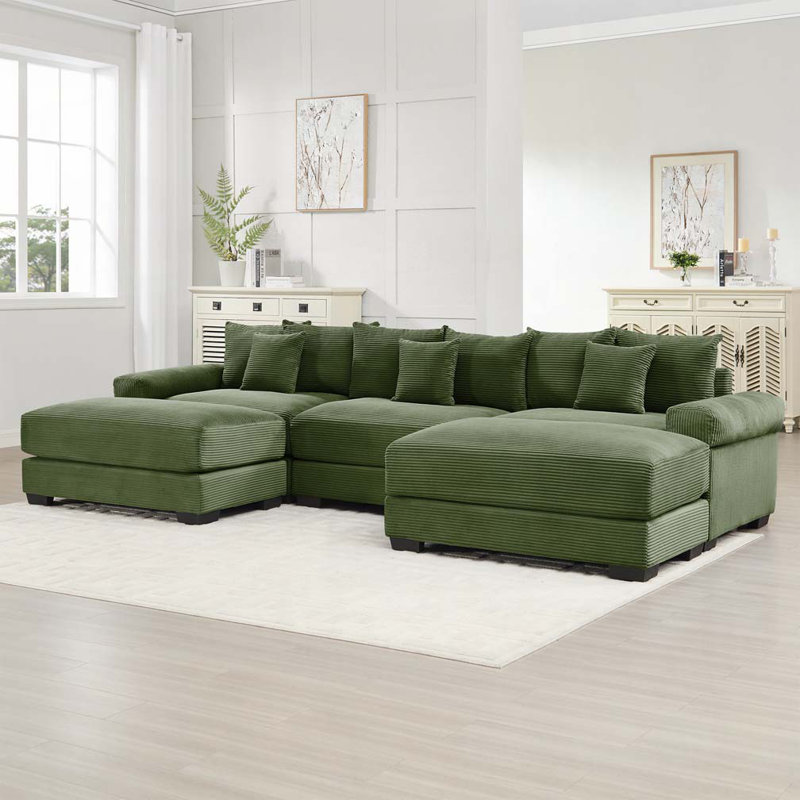 Canapé en velours côtelé 3 places avec 2 repose-pieds, Vert