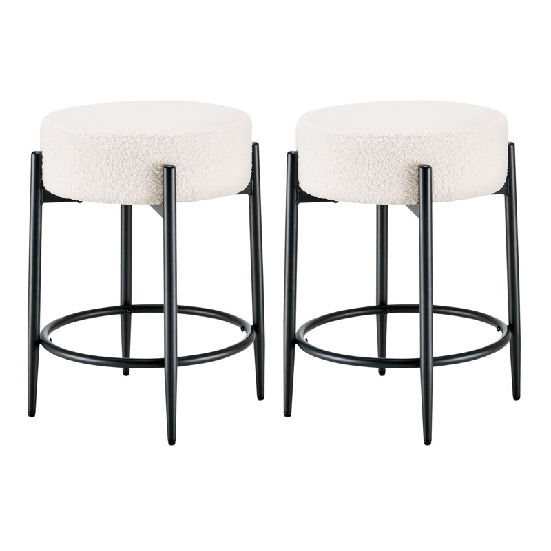 Modern Dining Chair Set, 23.6" Counter Height Stools with Round Soft Padded Boucle Backless Seat, White