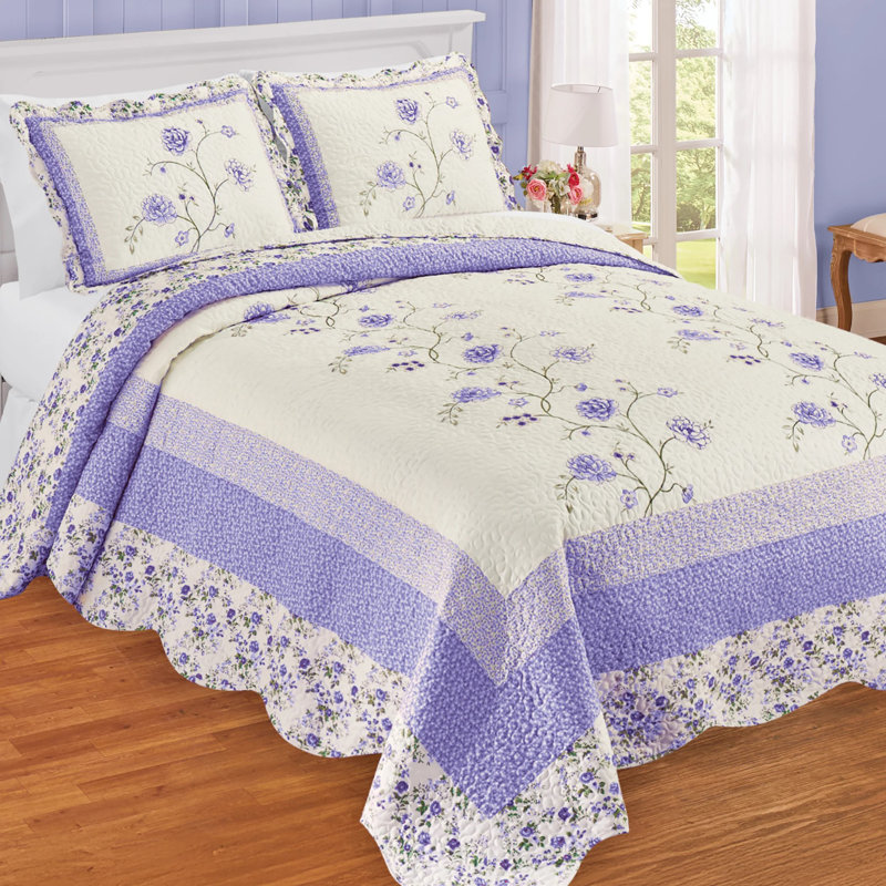 Lavender Floral Embroidered Quilted Full Bedspread Set