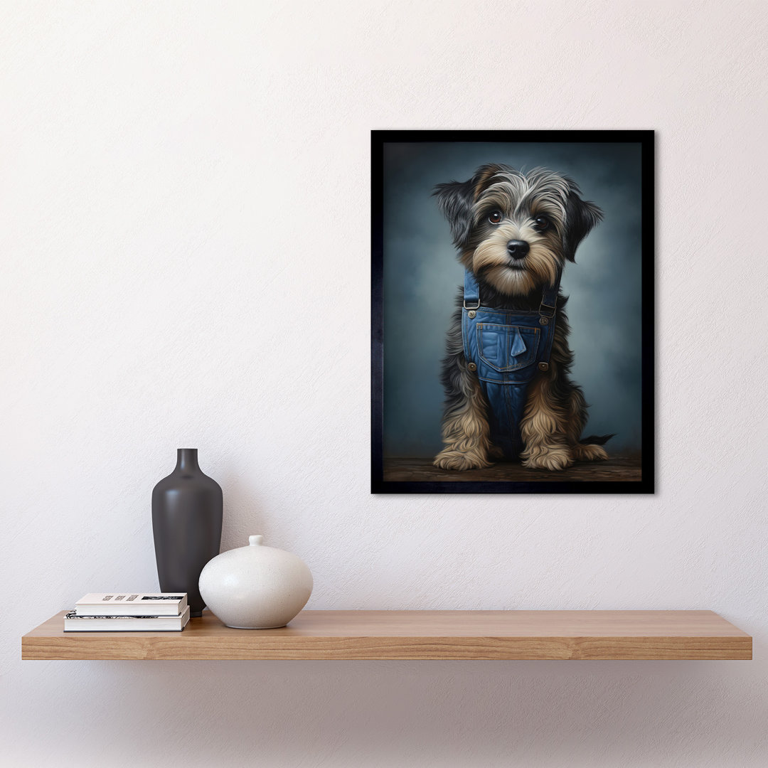 Adorable Snorkie Dog In Blue Jean Dungarees - Single Picture Frame Print