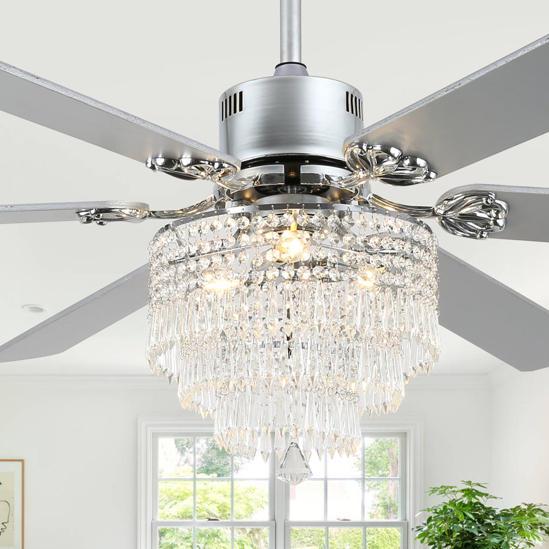 Leisel 65" Chrome Crystal Ceiling Fan with Lights and Remote, 6 Speeds Modern Chandelier Ceiling Fan for Living Room
