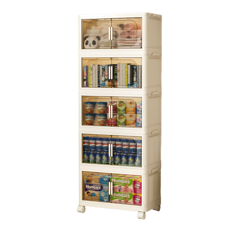 Armoire de rangement pliante à 5 niveaux de 19,69 po de largeur avec roulettes, organisateur pliable en plastique avec portes magnétiques