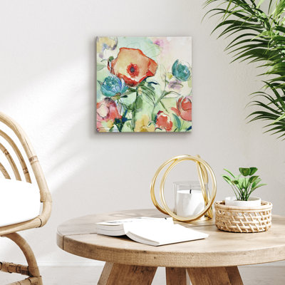 Art mural aquarelle 12 x 12 sur toile florale avec décorations peintes à la main - Toile tendue - Corail, bleu sarcelle, lavande et vert tendre