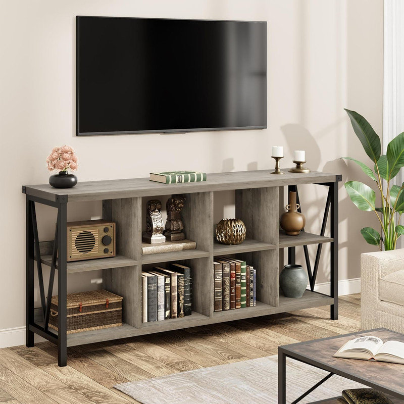 Console de rangement 62 pouces à 8 compartiments, bibliothèque horizontale à 3 niveaux pour bureau de salon, Bois gris