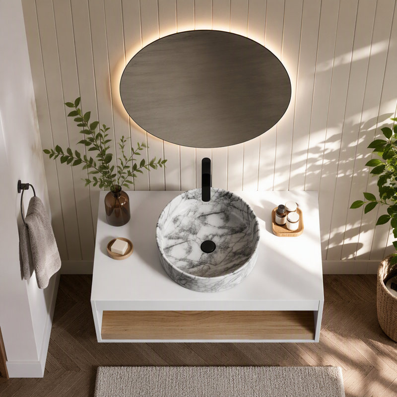 Meuble-lavabo flottant de 36 po avec lavabo vasque en marbre veiné gris, meuble-lavabo mural avec tablette ouverte, finition blanche avec décor en bois, conception moderne peu encombrante (livré dans 2 boîtes)