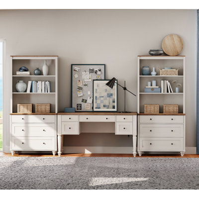 Ensemble de bureau 2 pièces, bureau double 56 po et ensemble de 2 bibliothèques avec tiroirs, blanc
