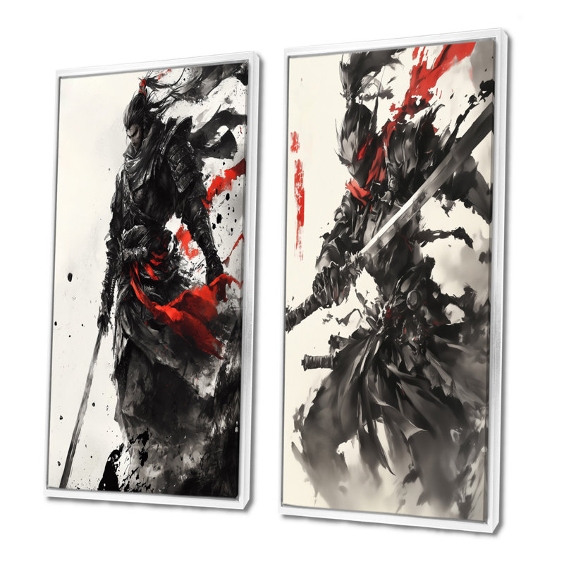 China Warrior In And Red Tones I - Ensemble de 2 pièces d'art mural Warrior China, H 28 po x l 24 po, Cadre flottant blanc