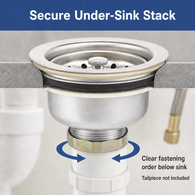 Kitchen Sink Basket Strainer Drain Assembly 3-1/2" to 4" with Putty Stainless Steel Deep Thread