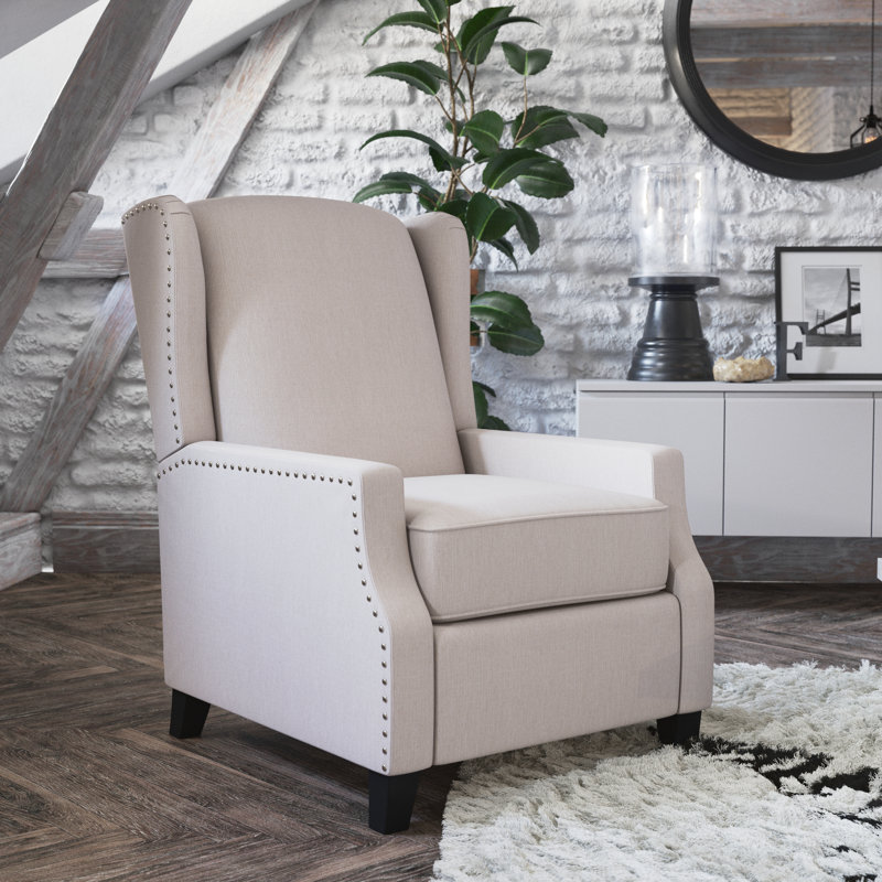 Suzie Polyester Fabric Upholstered Slim Wingback Push Back Recliner, Beige