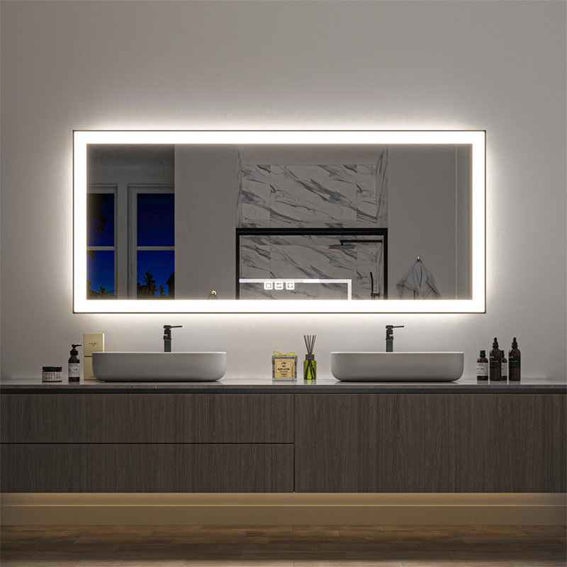 Miroir de salle de bain multifonctionnel lumineux à DEL - Miroir d'appoint mural élégant avec bordure noire, éclairage antibuée et à intensité variable