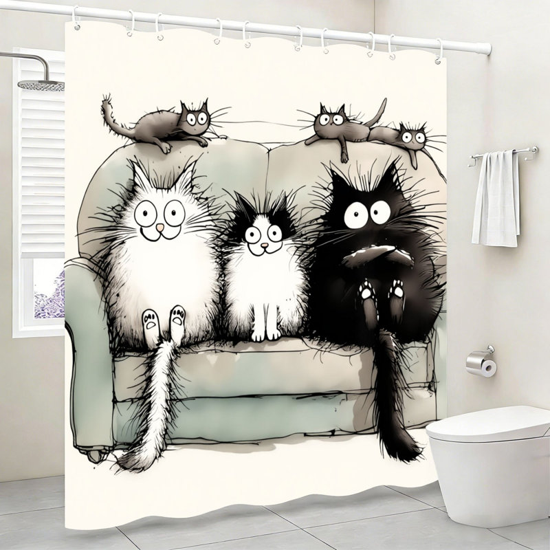 Rideau de bain avec crochets, motif de chats, style encre, 183 x 183 cm
