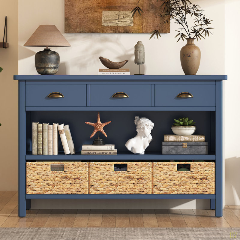 Retro Console Table With 3 Storage Drawers, Entryway Table With 3 Water Hyacinth Woven Baskets,Wooden Accent Sofa Table Buffet Cabinet For Entryway, Hallway And Living Room