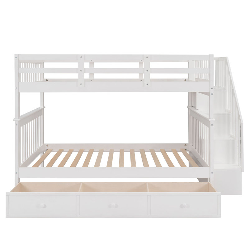Lit superposé avec tiroir, escalier de rangement, Double sur double, Blanc